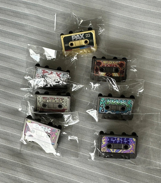Pinny Arcade PAX 2023 Full Set of Cassette Tape Pins Gold Casette Staff Mixtape